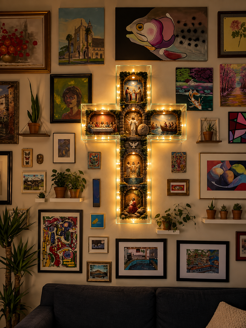 Close-up of the glowing scenes of Jesus inside the cross