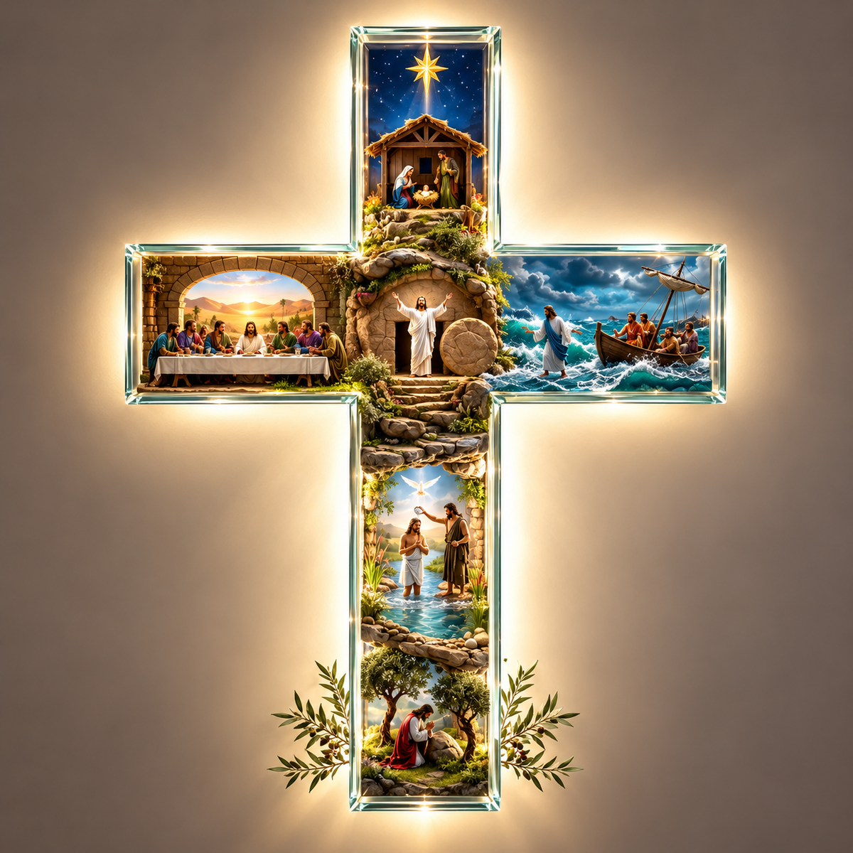 MerryHolic Illuminated Glass Cross with six glowing 3D scenes from the life of Jesus