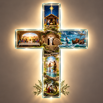MerryHolic Illuminated Glass Cross with six glowing 3D scenes from the life of Jesus