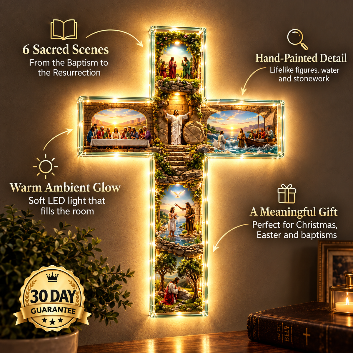 MerryHolic Illuminated Cross glowing on a shelf, close-up of the scenes