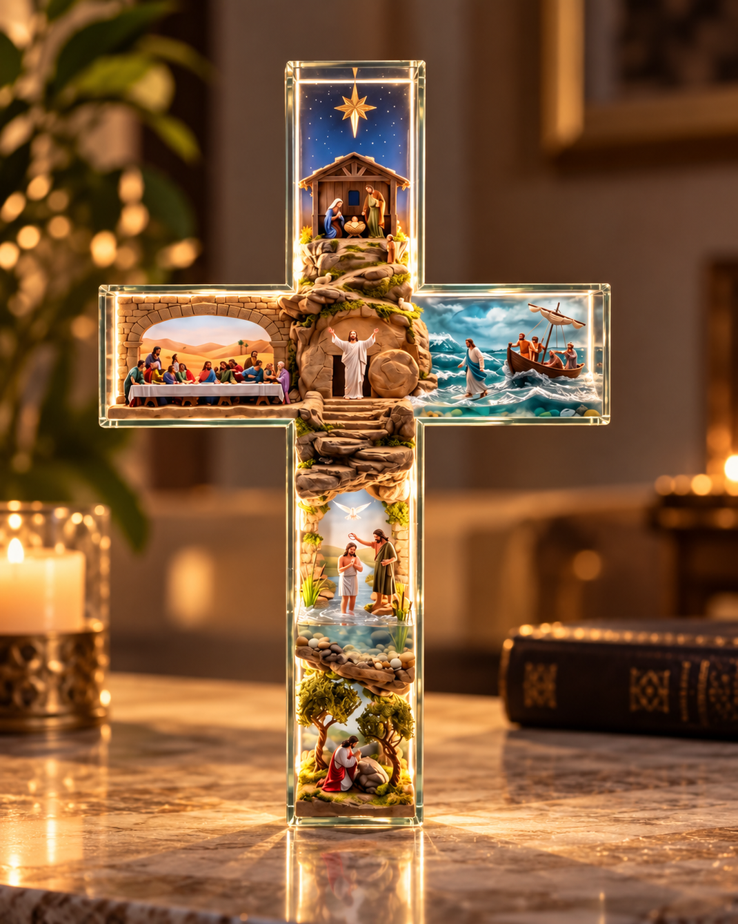 MerryHolic Illuminated Cross, front view with LED glow